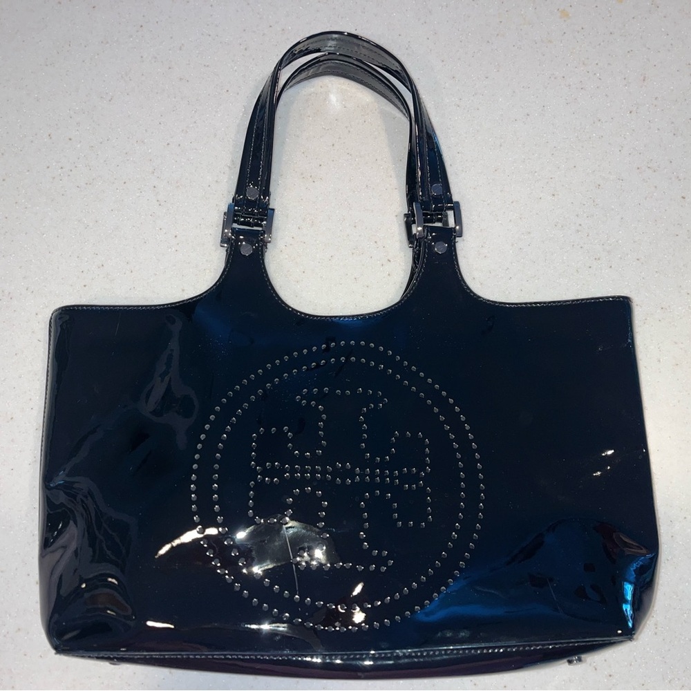 Tory Burch Black Tote Bag with Glossy Finish and Sturdy Handles